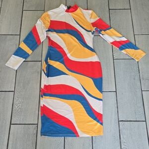Get Ready for Halloween Retro‎ Color Block Swirl Long Sleeve Bodycon Dress-L H11
